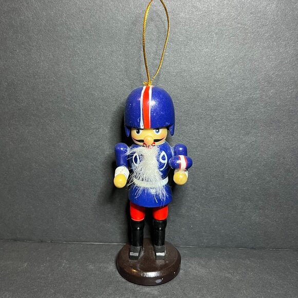 Hand Painted Blue Red White Wooden Football Player Nutcracker Christmas Ornament - Picture 1 of 8